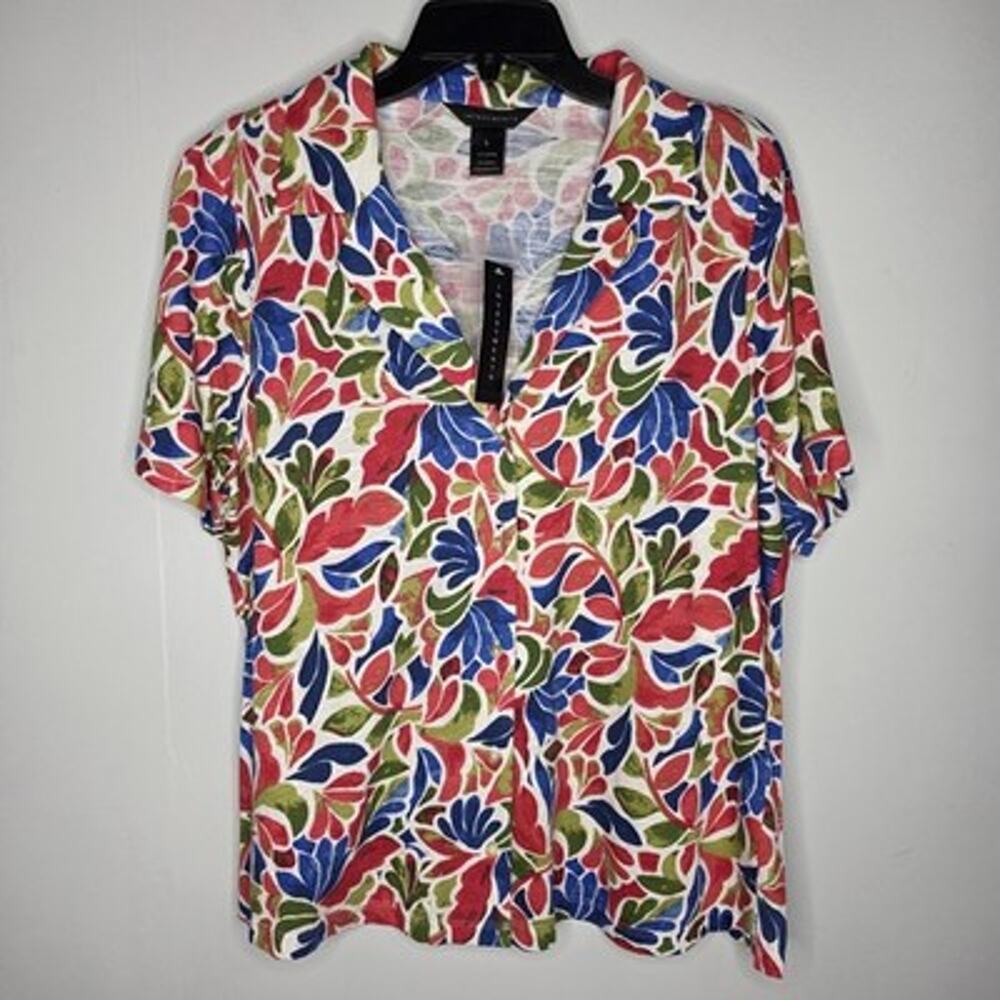 Investments Womans L Top Shirt Red Blue Floral Button Up Short Sleeve Collar New